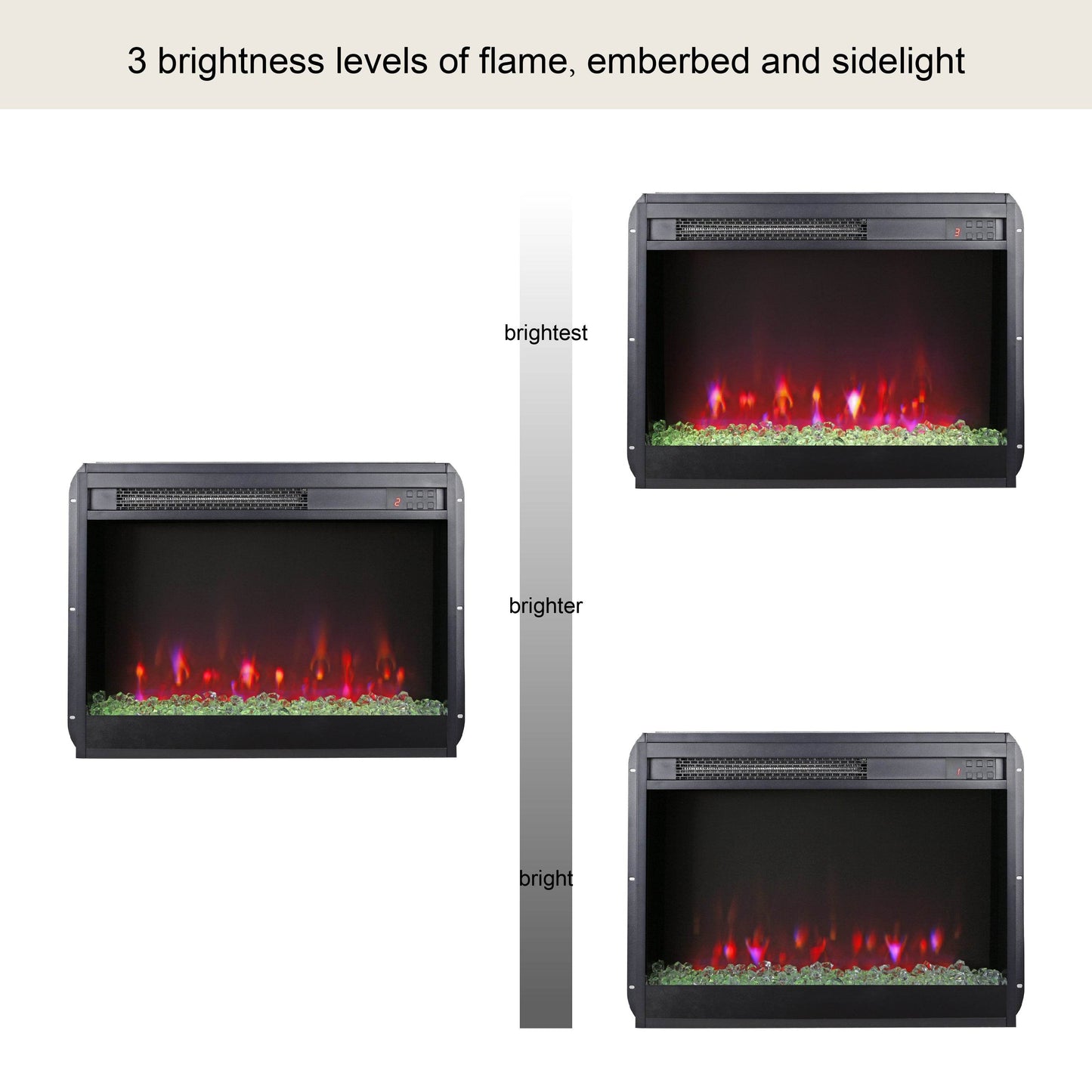 23 inch electric fireplace insert, ultra thin heater with crystal & realistic flame, remote control with timer, overheating protection,with sidelight