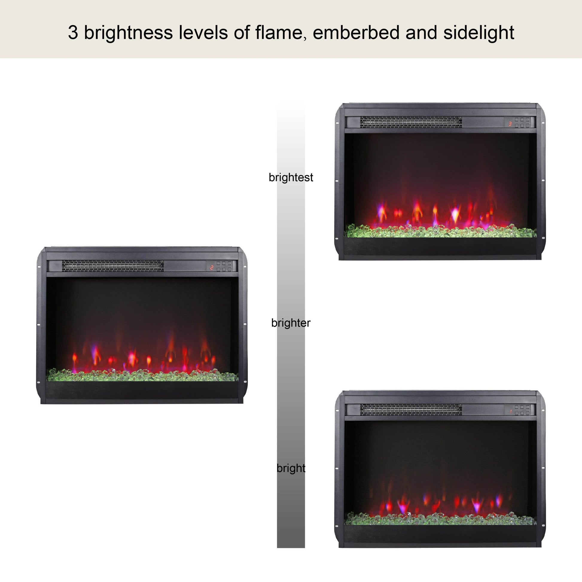 23 inch electric fireplace insert, ultra thin heater with crystal & realistic flame, remote control with timer, overheating protection,with sidelight