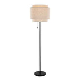 A modern floor lamp with a slim black metal stand and a two-tiered drum shade in a textured beige fabric, shown against a plain white background.