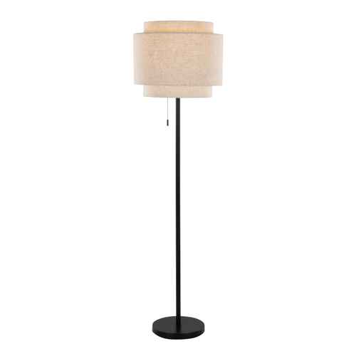 A modern floor lamp with a slim black metal stand and a two-tiered drum shade in a textured beige fabric, shown against a plain white background.