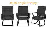 Three black chairs shown from different angles on a white background with &