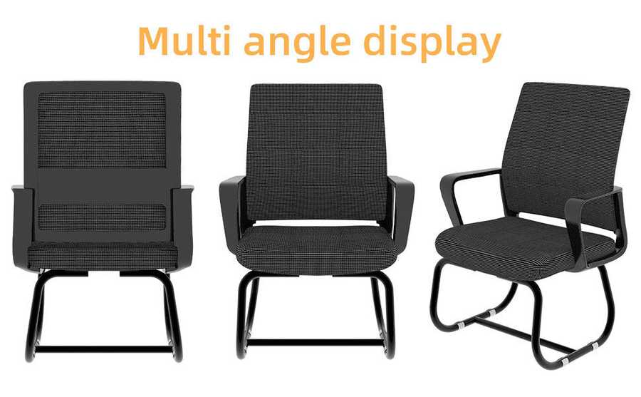 Three black chairs shown from different angles on a white background with 'Multi angle display' text.