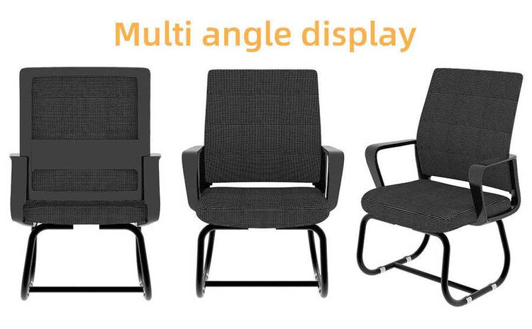 Three black chairs shown from different angles on a white background with &