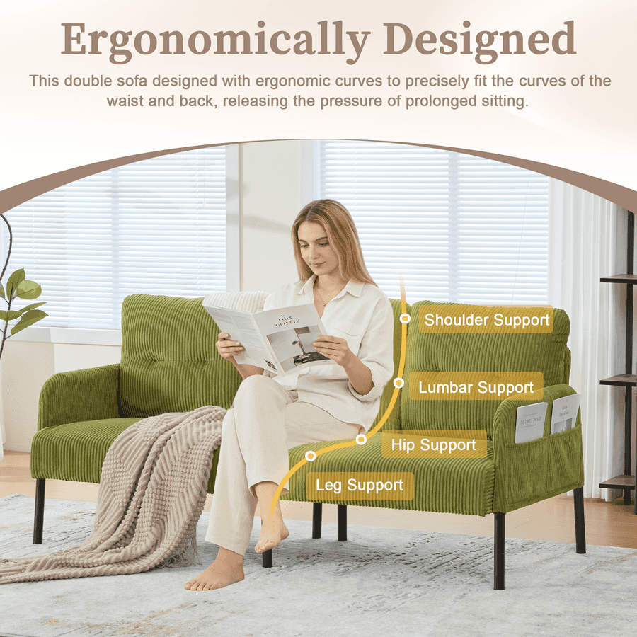 Woman sitting on a green ergonomic sofa reading a magazine, with labeled support points.