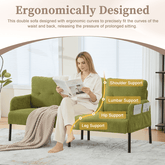 Woman sitting on a green ergonomic sofa reading a magazine, with labeled support points.