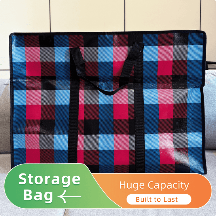 Plaid patterned storage bag with text indicating &