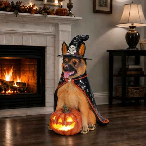 A German Shepherd dog posed in a Halloween costume sitting in a living room in front of a lit fireplace, wearing a black witch hat with a skull emblem and a black cape with orange trim, while holding a glowing jack-o&