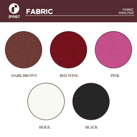 Fabric color swatches labeled as Dark Brown, Red Wine, Pink, Beige, and Black with IFAST branding.