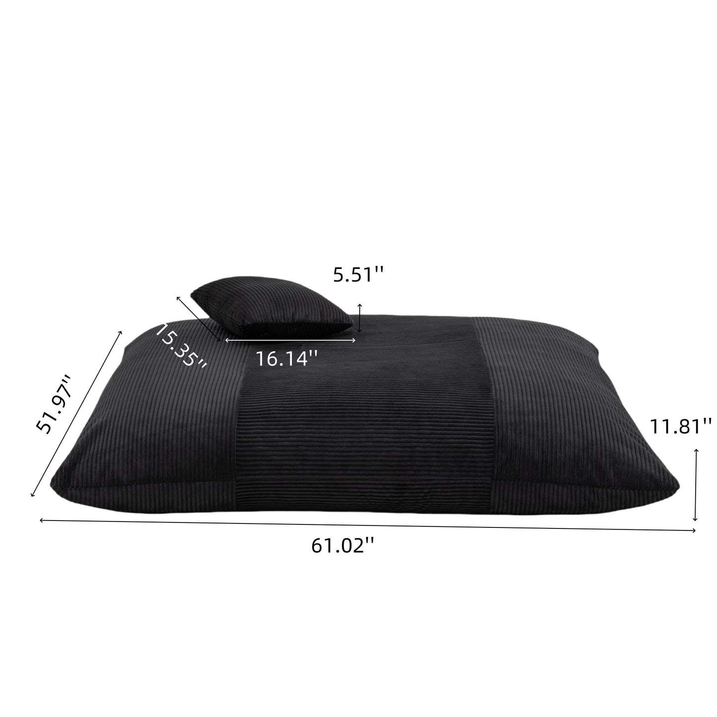 Dimensions of Corduroy Bean Bag Chair - Lounger for Adults & Kids in black, highlighting size and structure for versatile use.