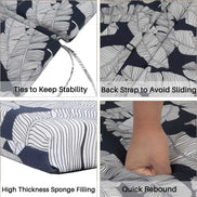 Collage of a cushion with leaf pattern showing features like ties, back strap, high thickness sponge filling, and quick rebound.