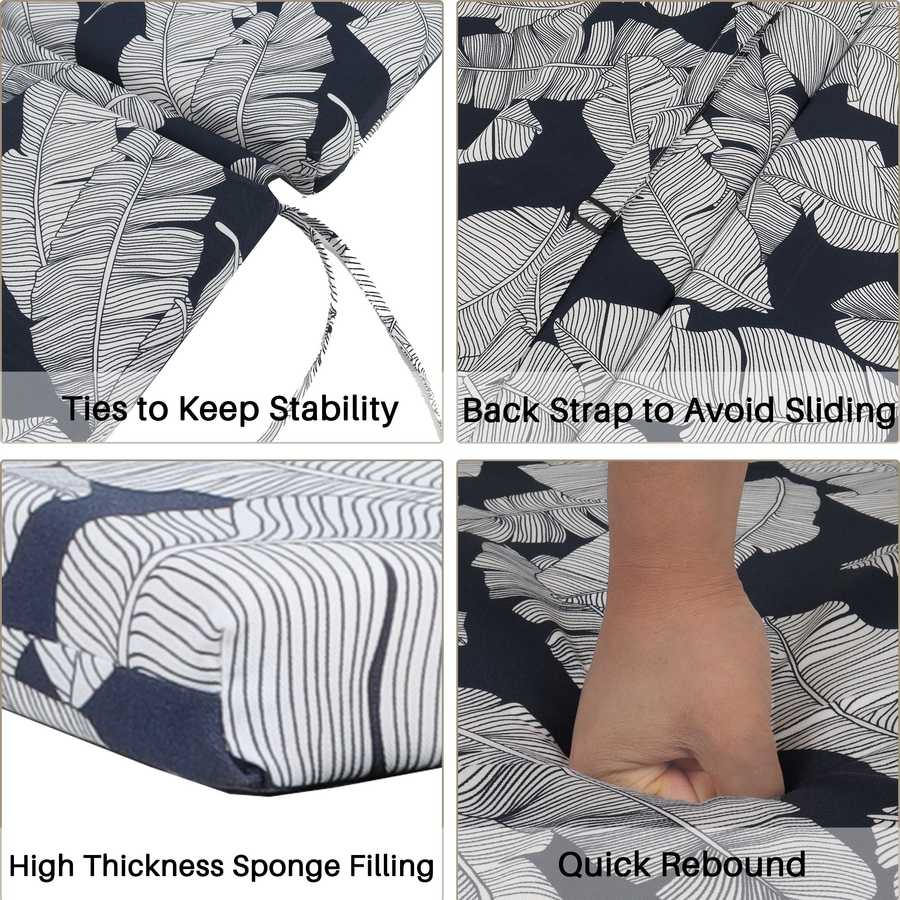 Collage of a cushion with leaf pattern showing features like ties, back strap, high thickness sponge filling, and quick rebound.
