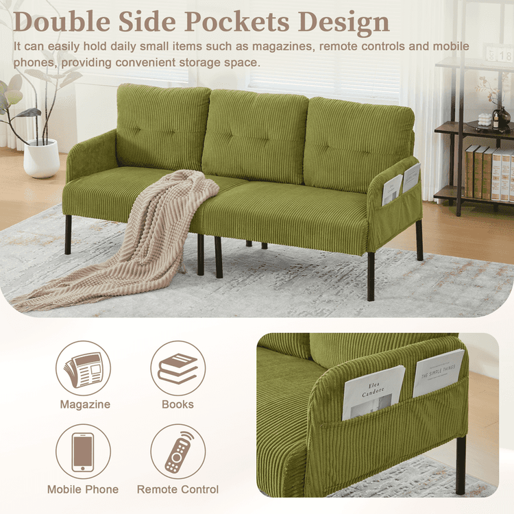 Green sofa with double side pockets for storage in a living room setting.