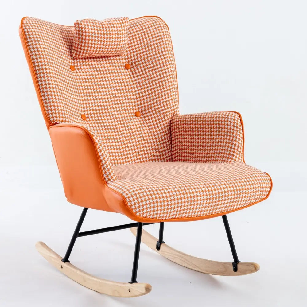 35.5 inch Rocking Chair, Soft Houndstooth Fabric Leather Fabric Rocking Chair for Nursery, Comfy Wingback Glider Rocker with Safe Solid Wood MLNshops]