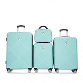 Set of four turquoise suitcases with a chevron pattern on a white background