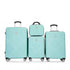Set of four turquoise suitcases with a chevron pattern on a white background