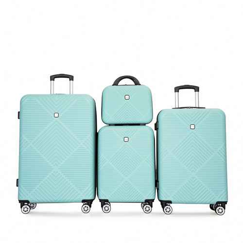 Set of four turquoise suitcases with a chevron pattern on a white background