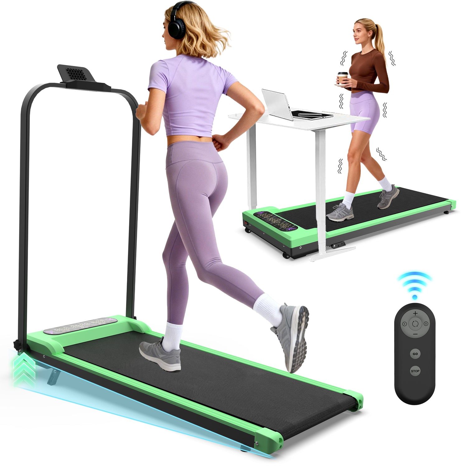 Person using a treadmill with a remote control on a white background