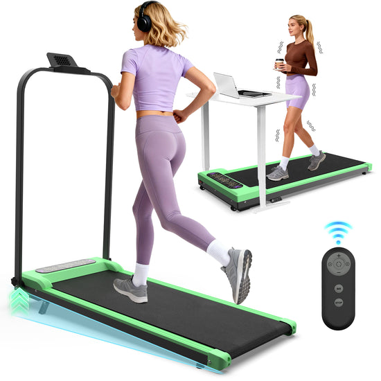 Person using a treadmill with a remote control on a white background