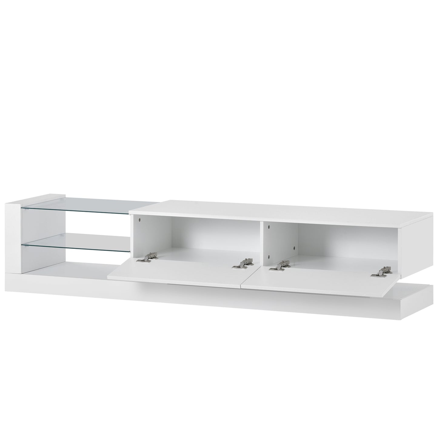 a white entertainment center with glass shelves