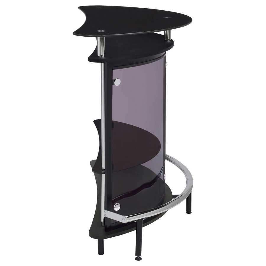 Side profile of black glass top home wine bar cabinet with curved smoked glass and chrome foot rail for modern appeal.