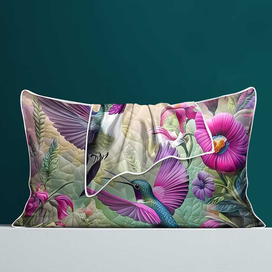 Decorative pillow with hummingbird and floral design on a teal background