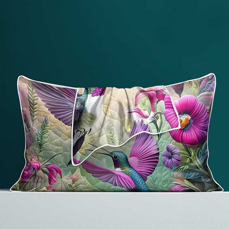Decorative pillow with hummingbird and floral design on a teal background