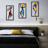 Bohemian Macrame Wall Hanging with African dancers above a modern bed with a yellow pillow, adding handmade charm to bedroom decor.