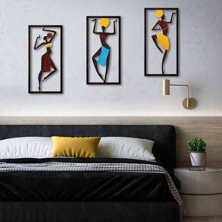 Bohemian Macrame Wall Hanging with African dancers above a modern bed with a yellow pillow, adding handmade charm to bedroom decor.