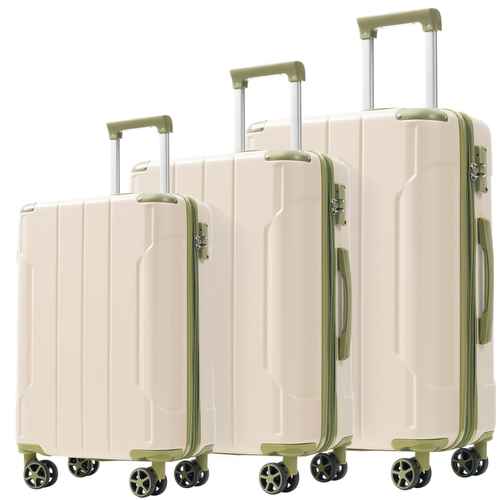 Three-piece softside spinner luggage set in cream with sage green trim, including two handles and four wheels, shown on a white background.