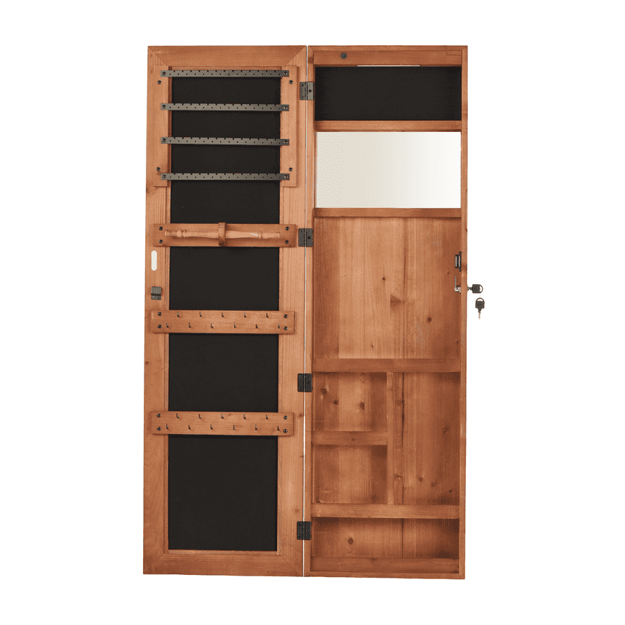 Back view of jewelry armoire with storage, wood, mirror