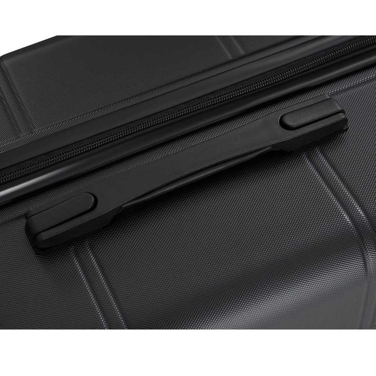 Close-up of a black suitcase with a zipper and handle