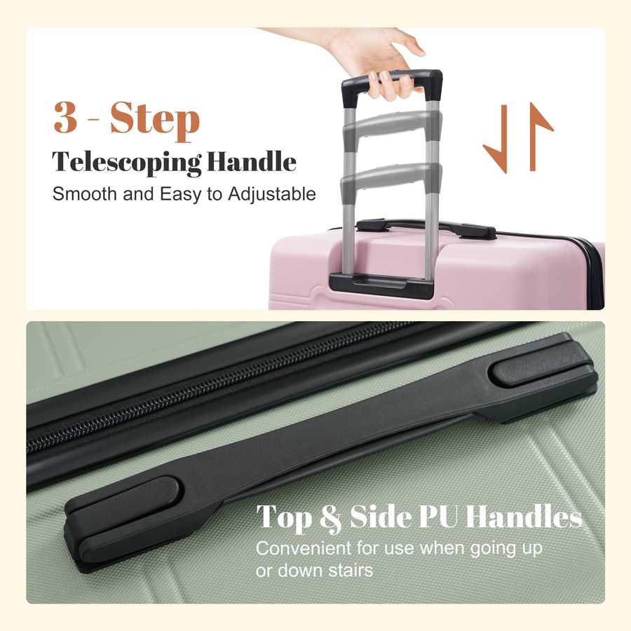 Telescoping handle for a suitcase with text on how to use it, shown on a pink suitcase.