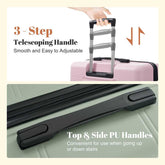 Telescoping handle for a suitcase with text on how to use it, shown on a pink suitcase.