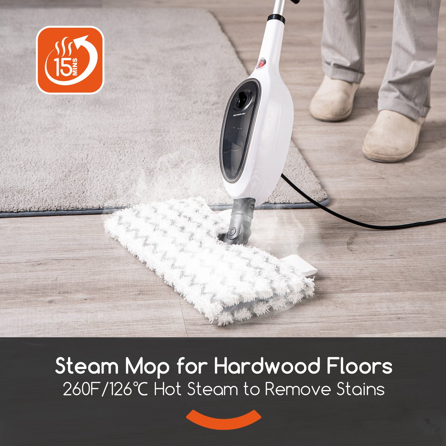 Steam mop cleaning a wooden floor with a person standing nearby, featuring text about its use on hardwood floors.