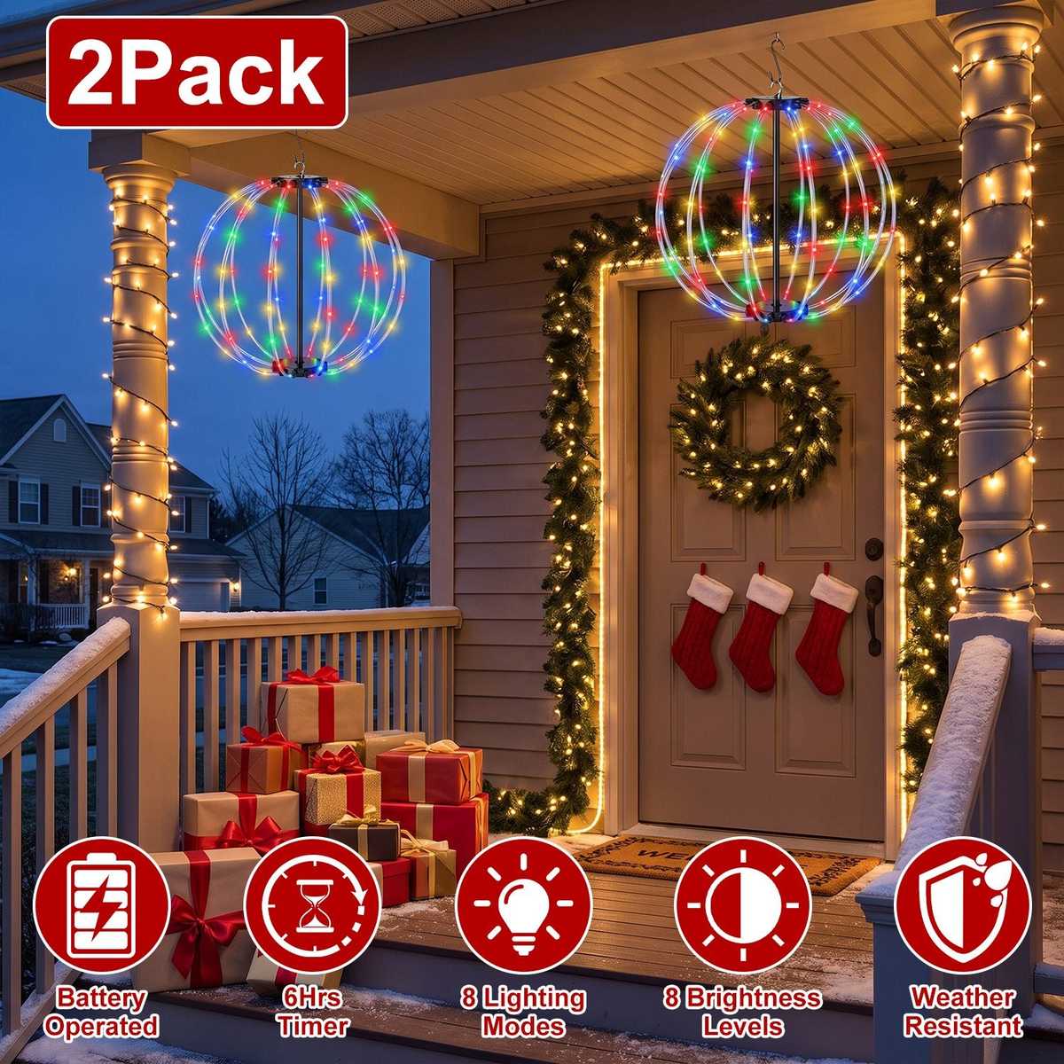 2-pack LED Christmas ball lights hanging on a porch: battery, timer, 8 modes, 8 brightness levels