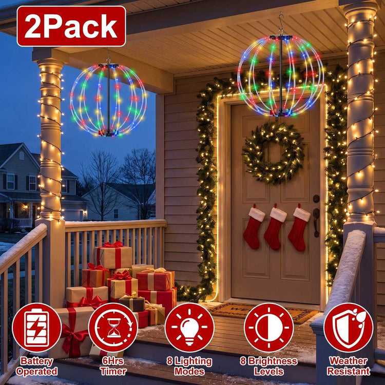 2-pack LED Christmas ball lights hanging on a porch: battery, timer, 8 modes, 8 brightness levels