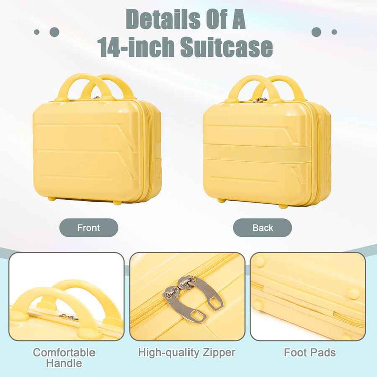 Yellow ABS spinner luggage set with comfortable handle, durable zippers, and foot pads for travel convenience, SKU: W2787P337459