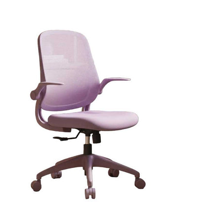 Purple office chair in a home office setting with a desk and laptop.