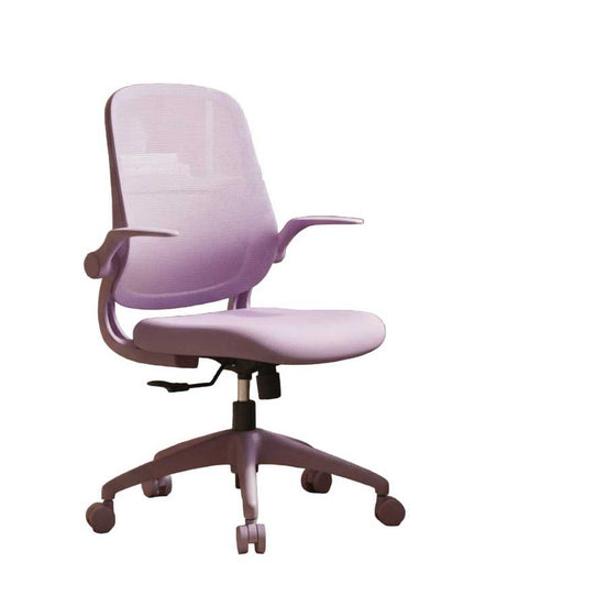 Purple office chair in a home office setting with a desk and laptop.