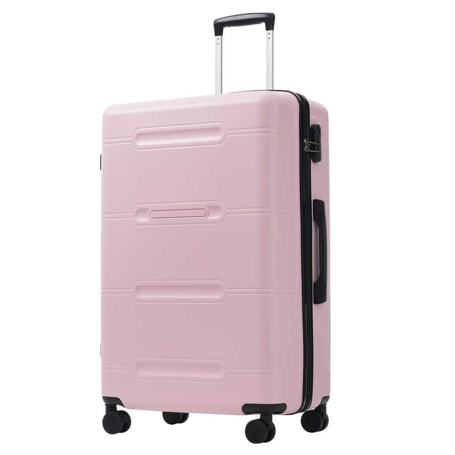 Pink suitcase with black wheels and handle on a white background