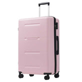 Pink suitcase with black wheels and handle on a white background