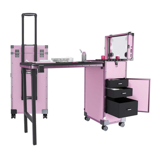 Pink portable nail art table with lockable drawers and LED mirror