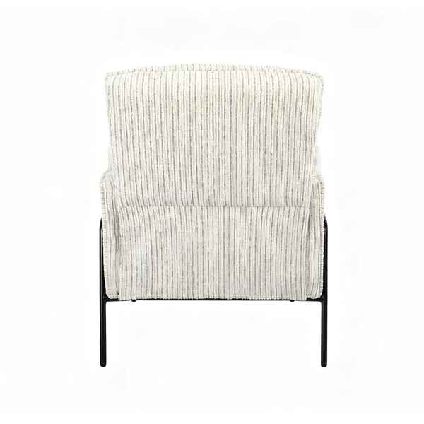 A modern accent chair with a textured, vertically ribbed cream and gray fabric upholstery and slim black metal legs, shown from the back against a plain white background.