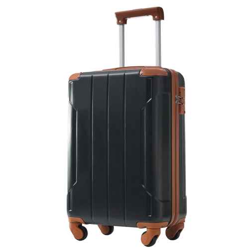Black and brown 20 inch carry on luggage set with telescoping handle and four spinner wheels for travel convenience