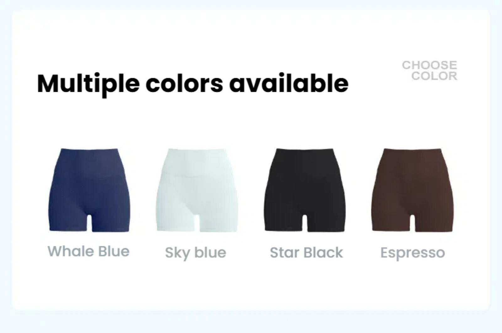 Yoga Shorts Tummy Control - High Waist available in four colors: Whale Blue, Sky Blue, Star Black, and Espresso.