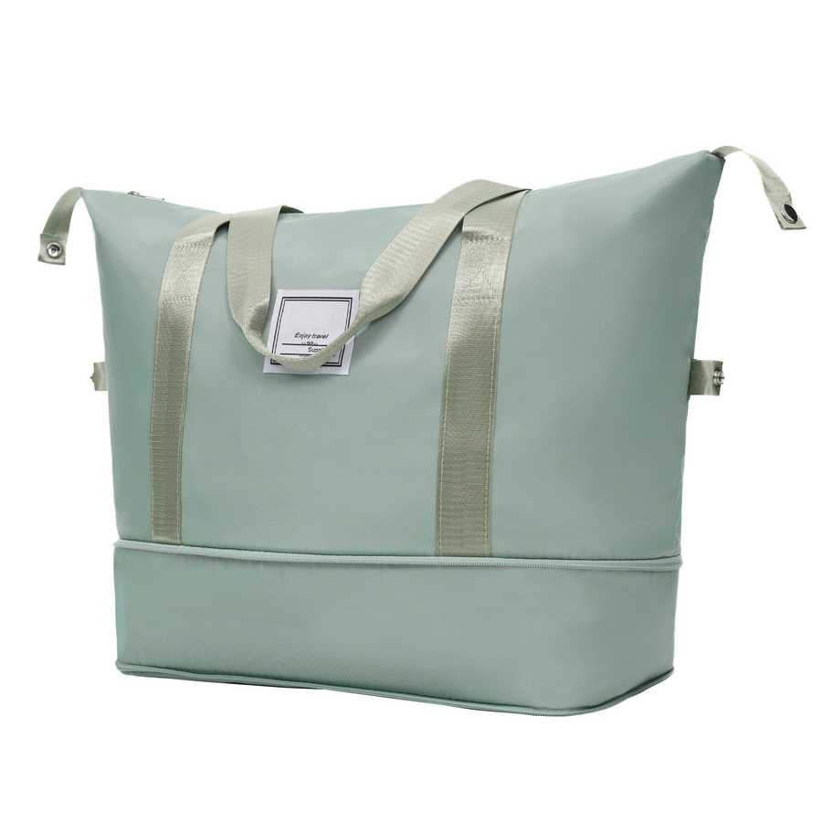 Light blue tote bag with gray straps on a white background