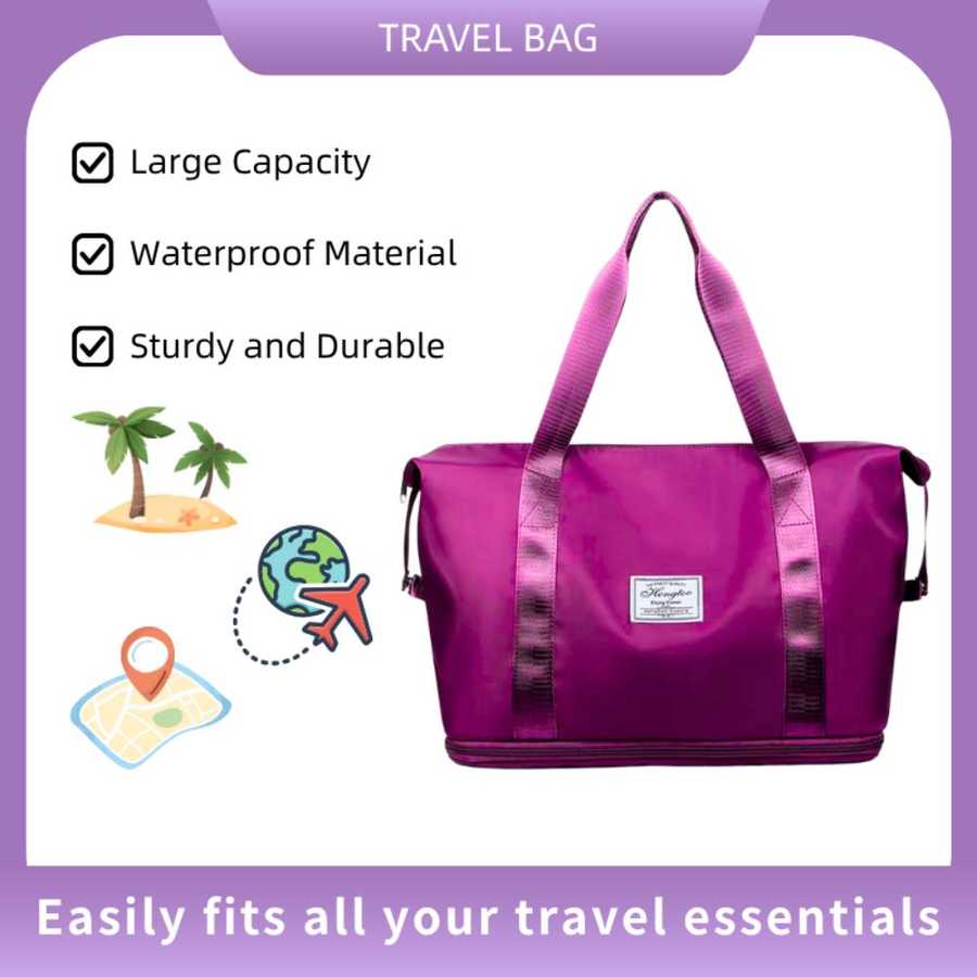 Purple travel bag with features listed on a purple background