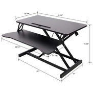 Dimensions diagram of adjustable height laptop desk with keyboard tray, showing measurements for workspace planning.