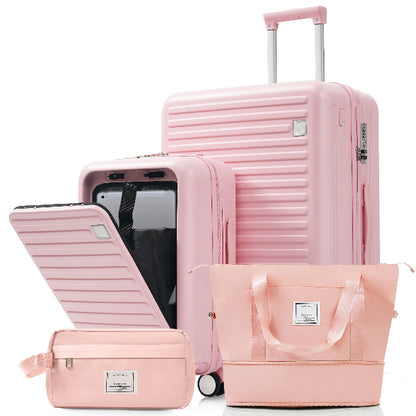 4-Piece Luggage Set with USB Charging Ports - 20in Carry-On (Front-Opening for Laptop) 28in Checked Suitcase with TSA Lock Travel Duffel Bag Wet-Dry Toiletry Bag, pink