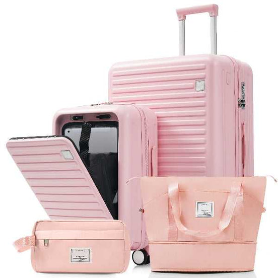 4-Piece Luggage Set with USB Charging Ports - 20in Carry-On (Front-Opening for Laptop) 28in Checked Suitcase with TSA Lock Travel Duffel Bag Wet-Dry Toiletry Bag, pink